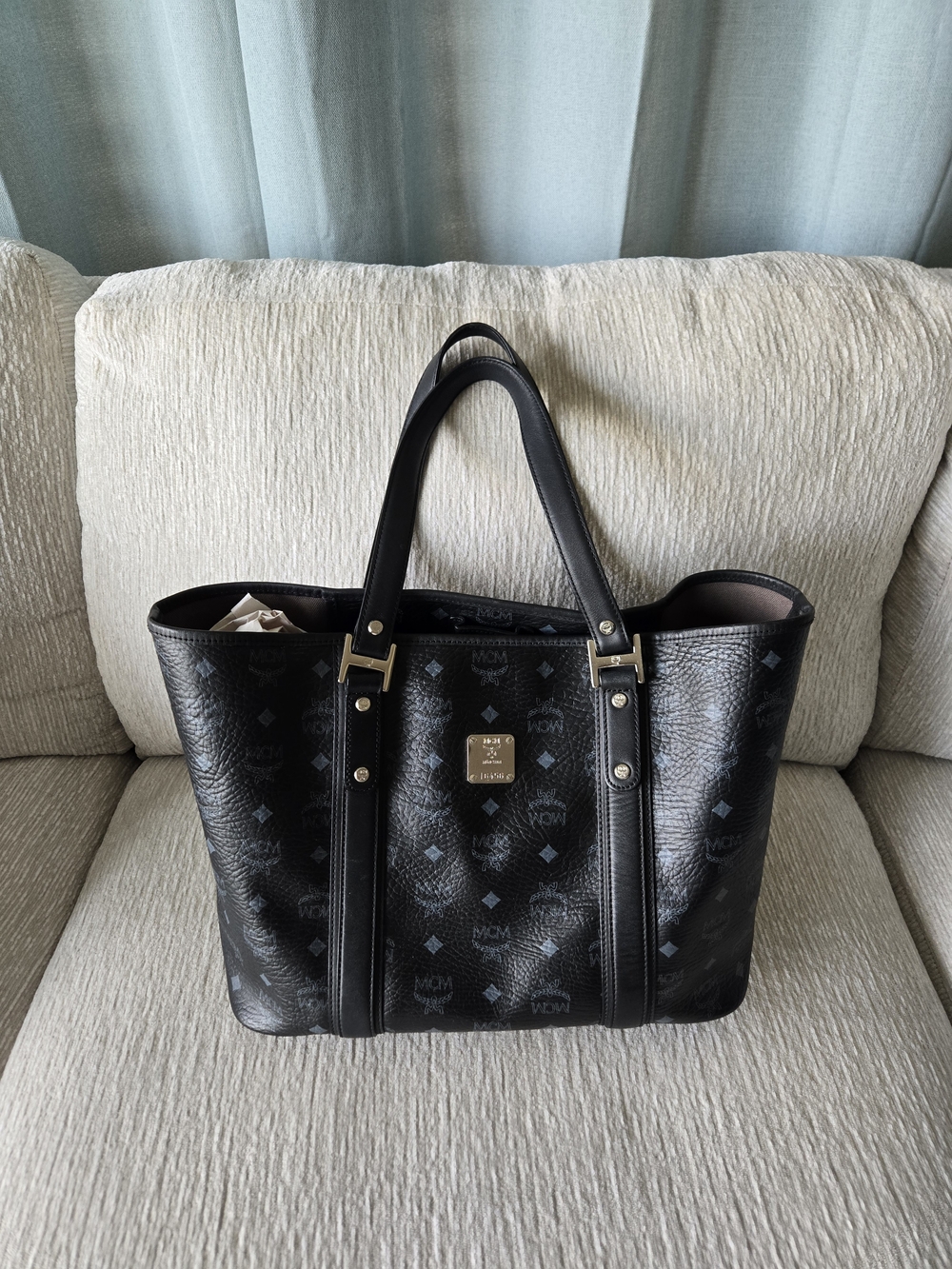 MCM Black Visetos Monogram Tote with Gold Plaque
